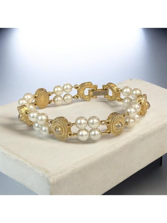 Vintage Jewelry - Vintage Gold Tone Faux Pearl Bracelet 7-Inch Double Strand Elegant Design
